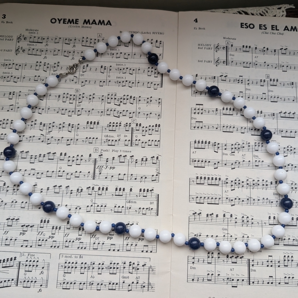 Elegant White and Blue Beaded Necklace